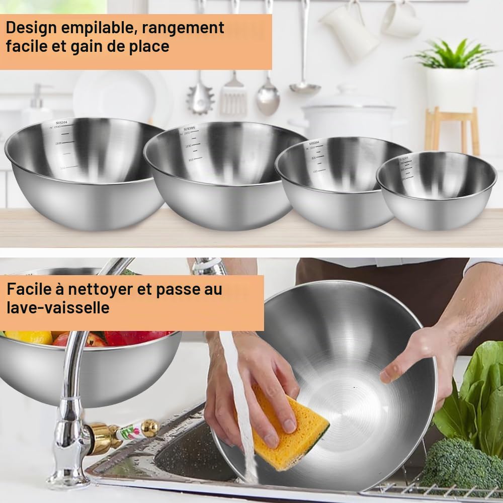 ADERTOS 4PCS Bols Mélangeurs en Acier Inoxydable - Bol à Mixer, Cul de Poule, Saladier Antidérapant et Bâtonnet à Remuer pour Cuisson et Pâtisserie