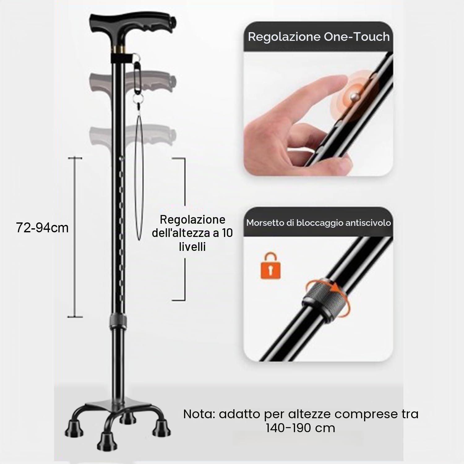 Cane Con Luce a Led Per Gli Anziani,Canna Da Passeggio Con Manico Ergonomico Sempre e Una Graziosa Base a 4 Punte Per Ulteriore Stabilità,10 Livelli Di Regolazione Dell'Altezza Da 72 a 94 Cm,Unisex