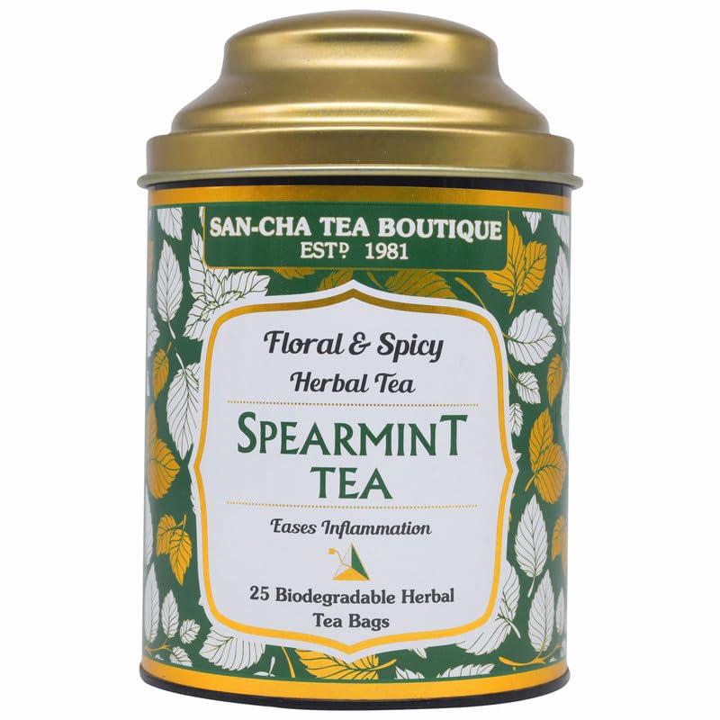 Image of SAN-CHA Sancha Tea Boutique,Spearmint Herbal Tea,25 Pyramid Tea Bags,Pure Spearmint Tea With Cloves&Lemongrass,Tea For Pcos&Pcod,Naturally Calming Tea,100% Caffeine Free Herbal Tea,150 Grams