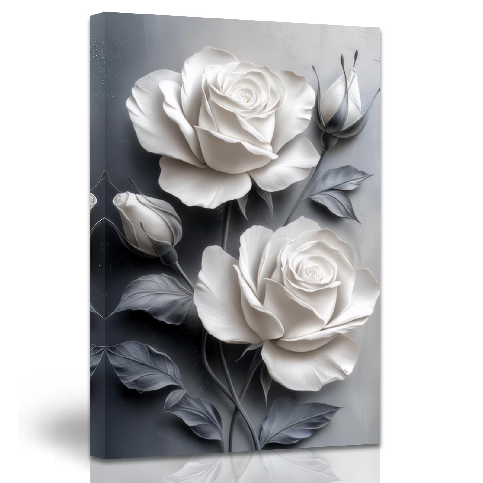Tableau Toile Déco 50x70cm - Roses Blanches Sur Fond Noir, Art Floral Texturé, Sans Cadre - 6