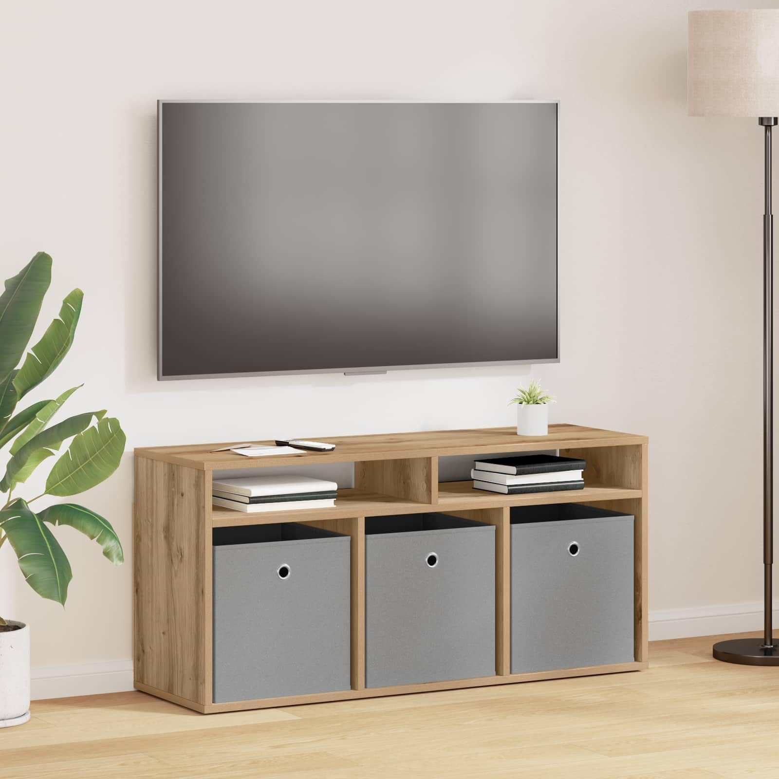Lowboard 102 x 32 x 48,5 cm, dąb Artisan, nowoczesny mebel TV z dużą ilością miejsca do przechowywania, zarządzaniem kablami i 3 szufladami do salonu, kina domowego, konsoli medialnej