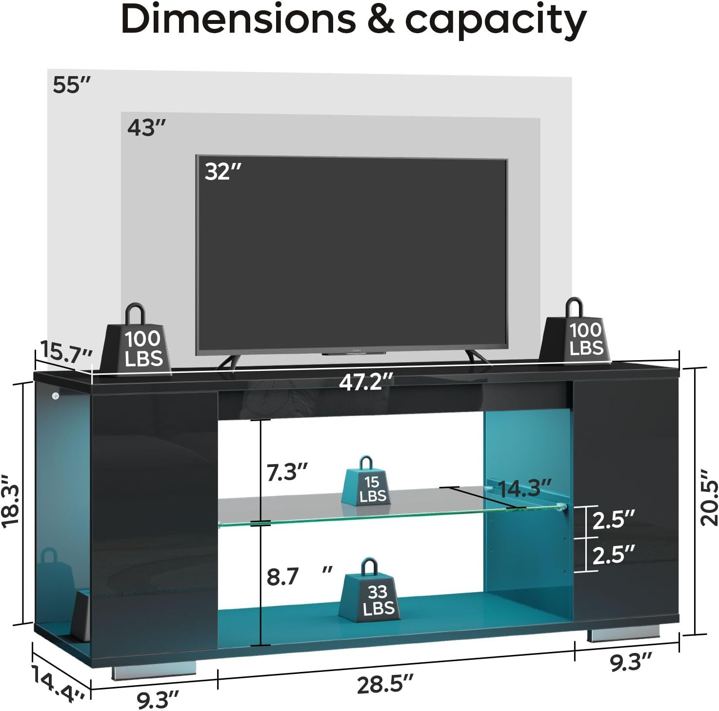 Diagram showing the dimensions and weight capacity of the Pinmoco TV stand.