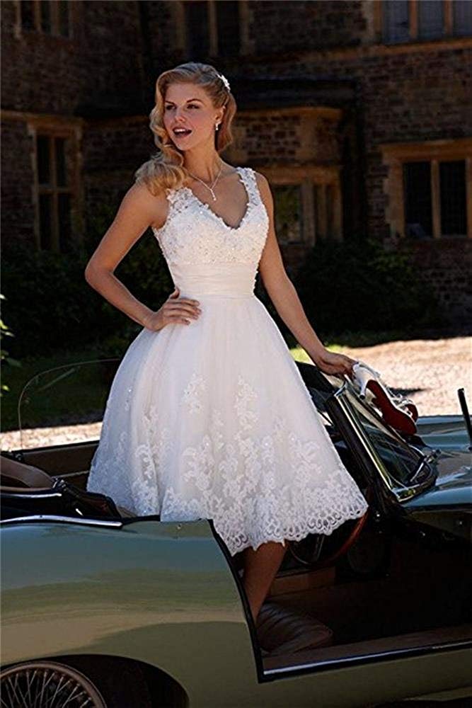 Robe de Mariée Courte Dentelle Tulle Robe de Mariée a - Word v - Neck, Ivoire, 42