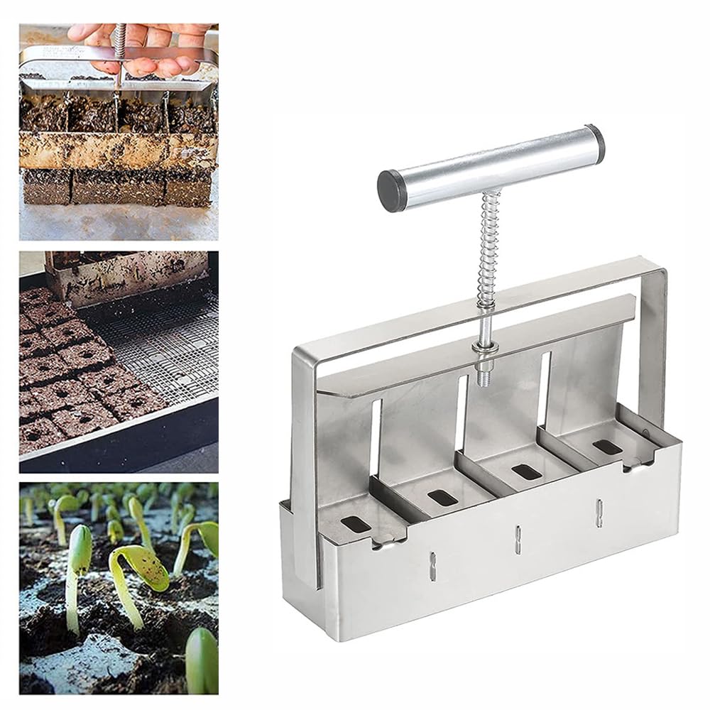 Pressa manuale per terra, 4 celle, 5 cm, strumento per blocco di terra manuale con 3 dimensioni di picchetti per semi, per piantine, giardino, allevamento