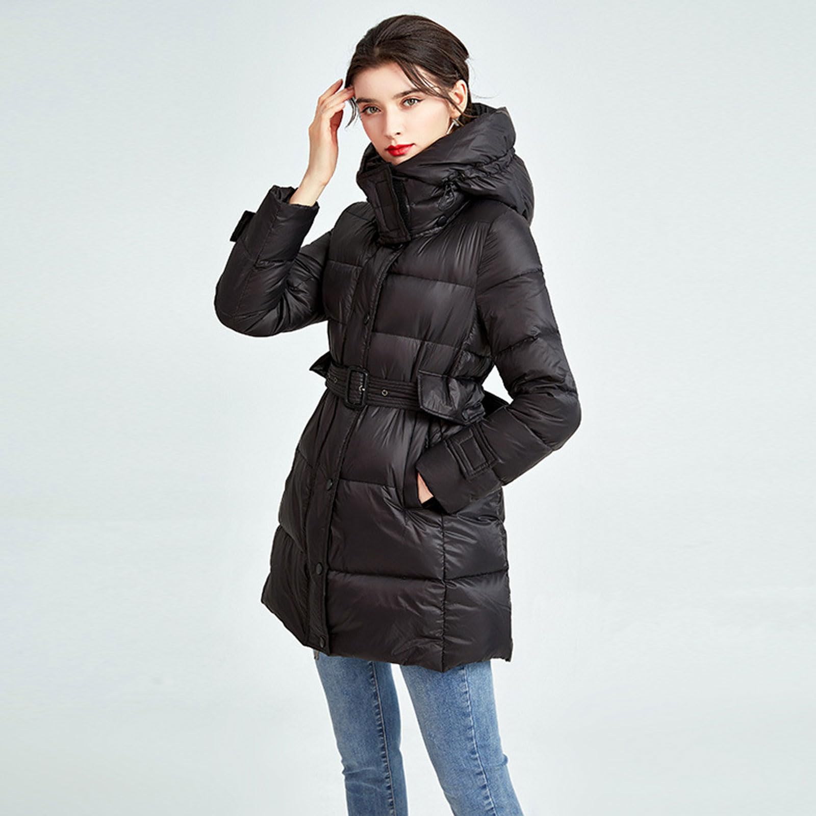 Chaqueta Plumas Down Jacket Mujer Chaqueta Acolchada con Capucha Abrigo Cálido Invierno Abrigo Largo Acolchado Ligero