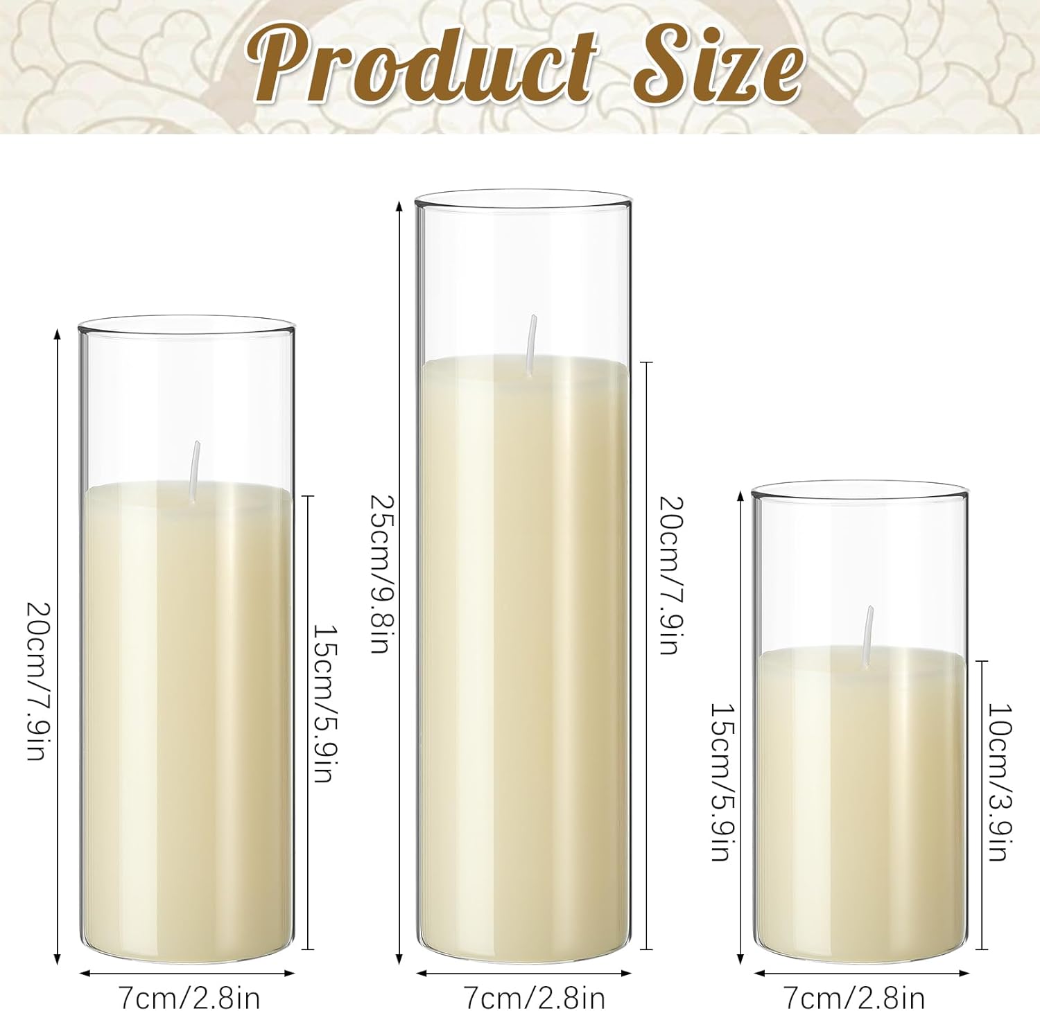 Shihanee 36 Pcs Pillar Candles and Glass Cylinder Vases Tall Cylinder Holders for Pillar Candles Wedding Centerpieces, Total 18 Sets (Clear,Ivory White)