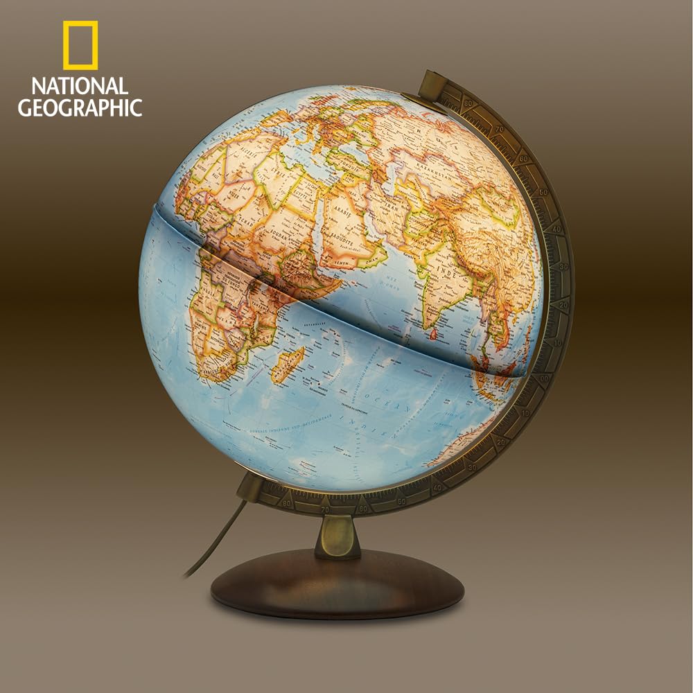 Globe terrestre National Geographic Edge Classic 30 cm lumineux cartographie physique politique socle bois méridien métal français