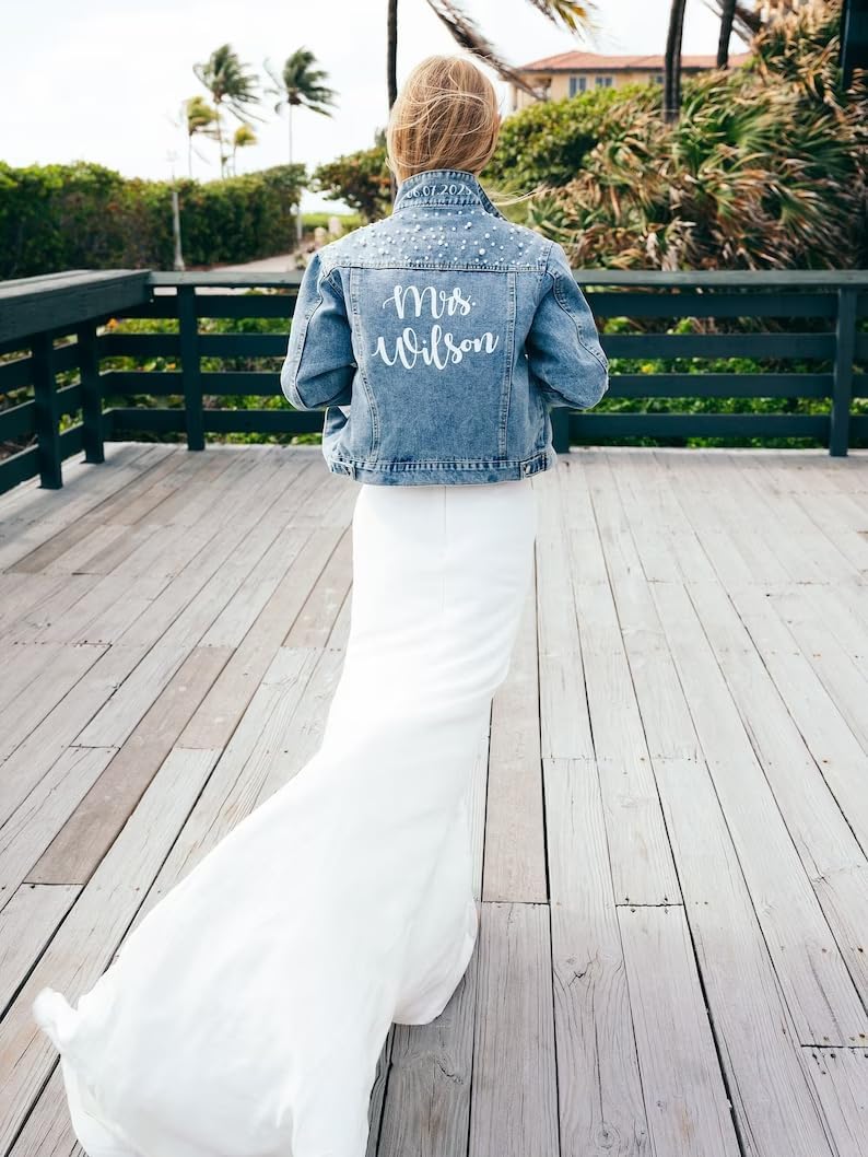 Custom Wedding Jackets for Bride, Customized Denim Bridal Jacket with Pearls Future Mrs, Personalized Jean Jacket for Women Trendy - Image 4
