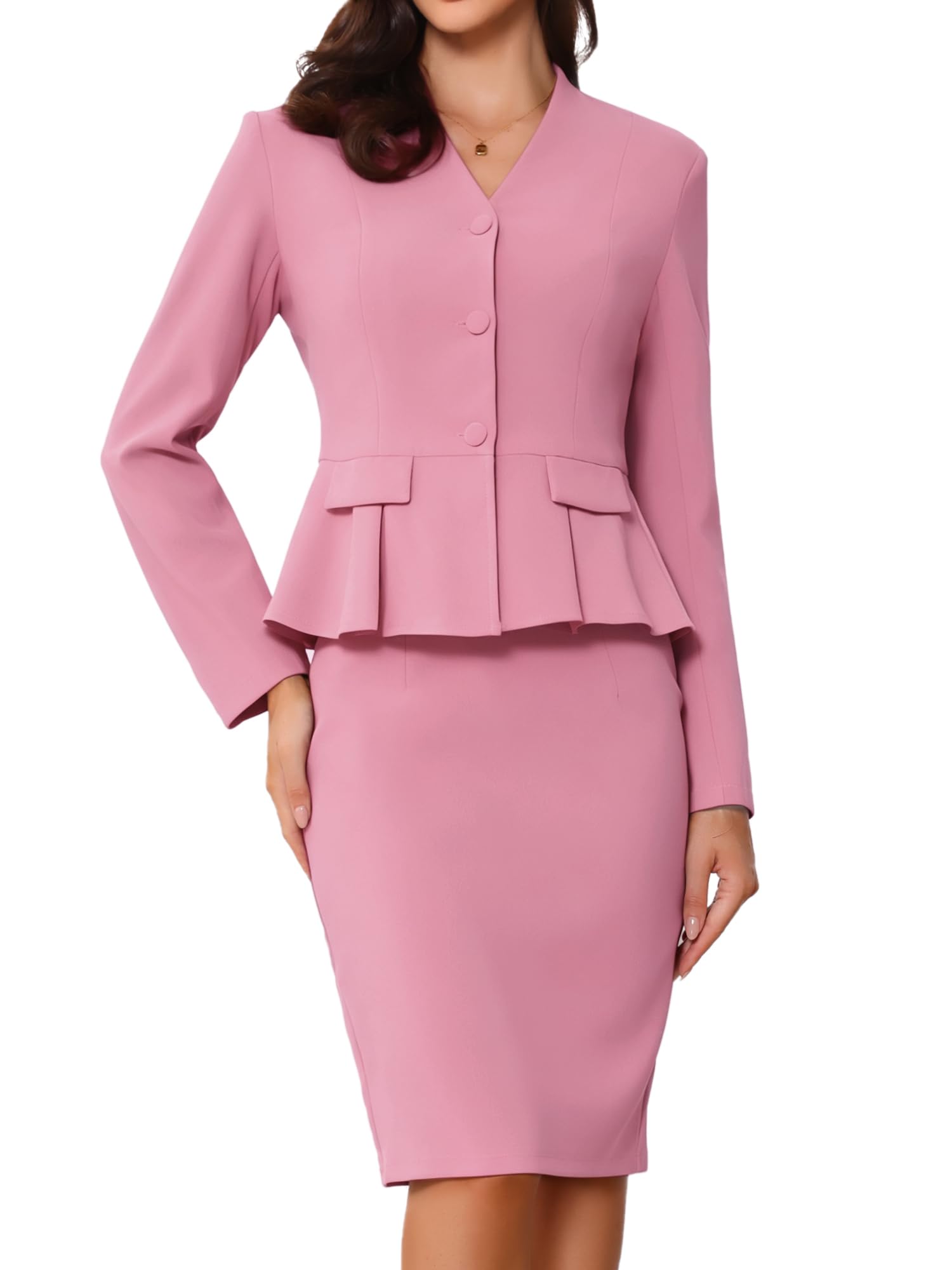 Allegra K Ensemble de Costume 2 pièces pour Femme à Manches Longues sans col Peplum Blazer Jupes Crayon