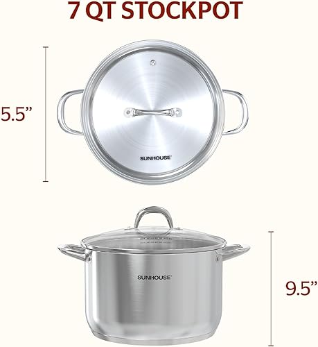 Miniatura 2 de SUNHOUSE Olla de acero inoxidable Olla de cocina de inducción resistente de 7 cuartos de galón con tapa visible para pasta, sopa, espagueti, olla