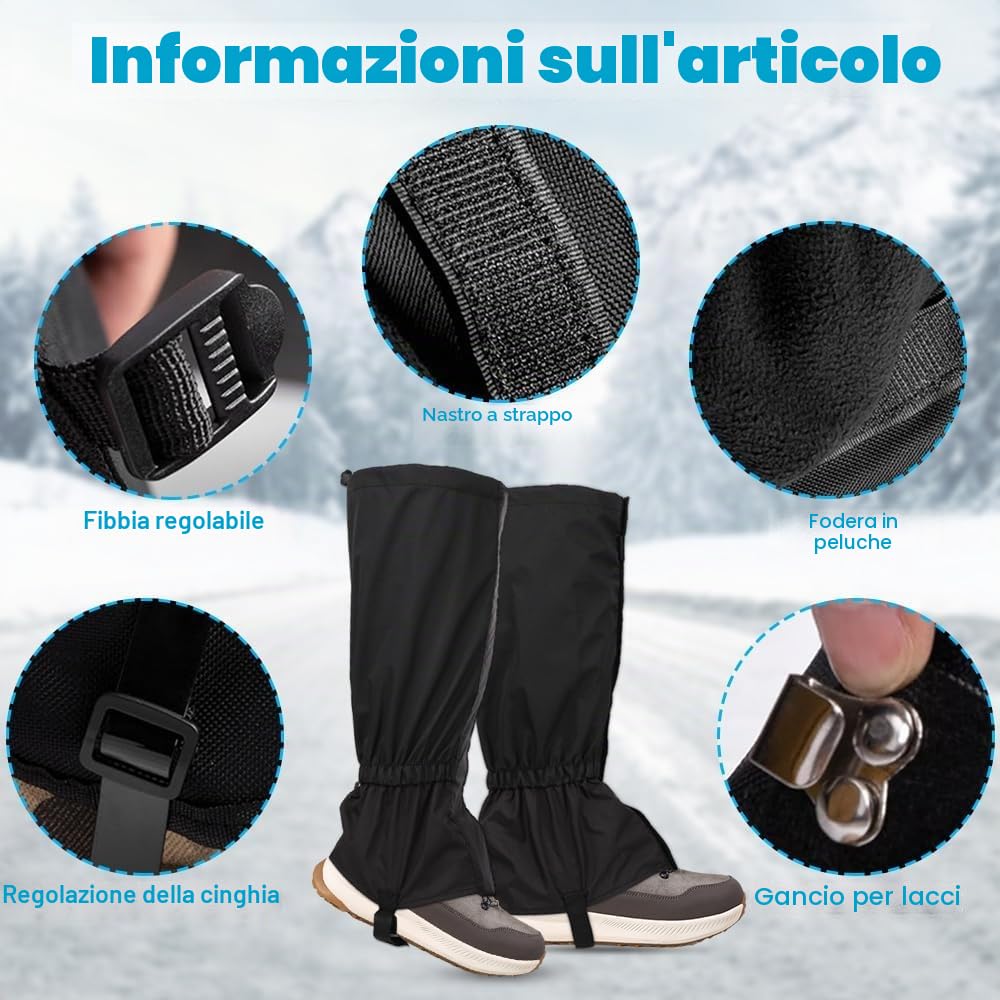 Ghette Impermeabili, Unisex Snow Ghette Impermeabile Snow Gaiters Ghette da Escursionismo Ghette da Trekking per attività All'aperto Protezione Contro la Neve Pioggia Fango Vento (Nero)