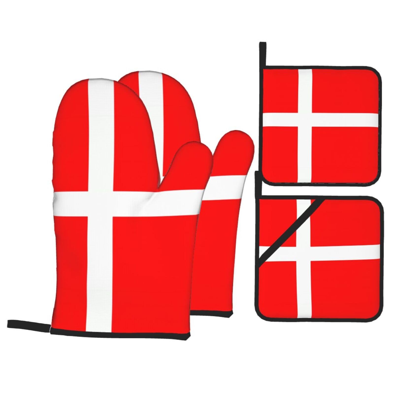WHJSSF Denmark Danish Flag Prints Kitchen Baking Set - 4-Piece Heat Protection Layers with Waterproof Potholders for Oven, Grill & Serving