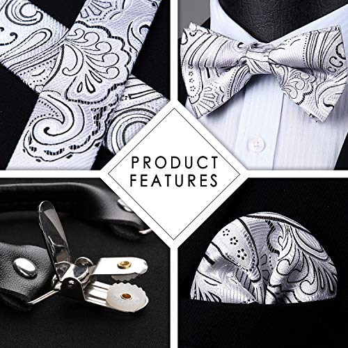 Image of HISDERN Suspenders for Men Paisley Floral Bow tie Suspender Pocket Square Sets Adjustable Y Shape 6 Clips Wedding Braces