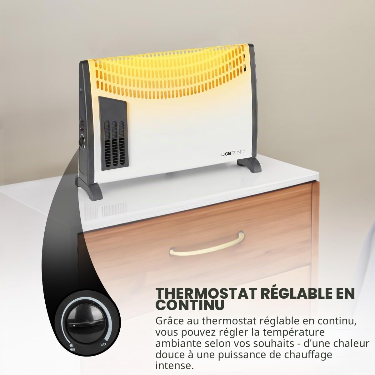 Clatronic® Chauffage par convecteurs | pour abris de jardin, garages & Co. | avec 3 niveaux de chauffage | thermostat | avec ventilateur | jusqu'à 40m² | économie d'énergie | KH 3433 N