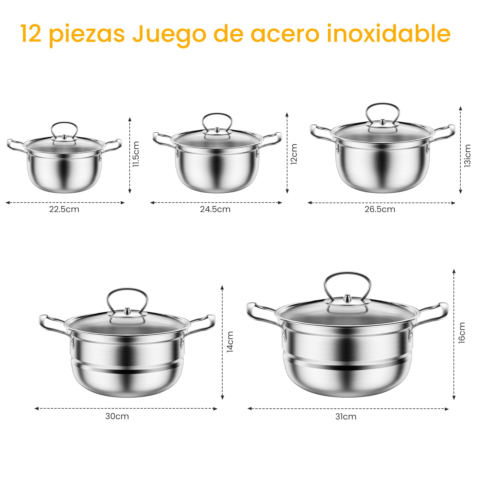 Juego de utensilios de cocina de acero inoxidable, 12 piezas de utensilios de cocina de inducción, sin recubrimiento, compatible con cocinas de inducción, gas, con tapa de vidrio (Plata clara)