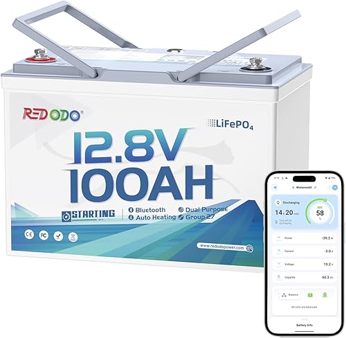 Redodo Batería marina 900CCA Group27 de doble propósito con Bluetooth de 12 V 100 Ah, batería de arranque con calefacción y retención inteligente de