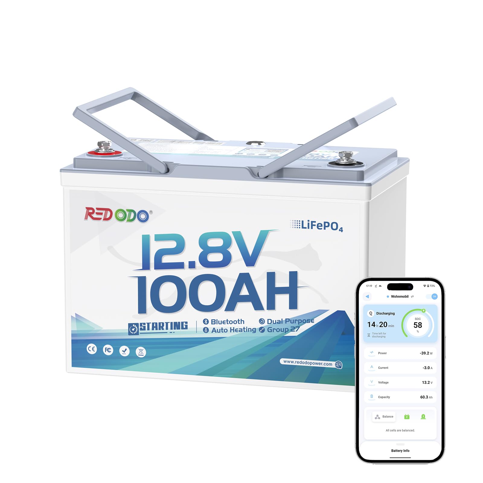 Redodo 12V 100Ah Dual Purpose Group 27 Lithium Starting Marine Battery