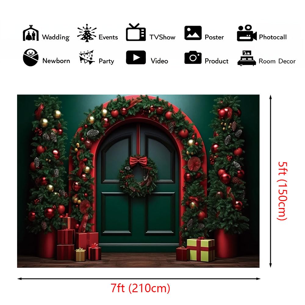 Toile De Fond Noël 3x2.1m Arche Verte Nœud Rouge Cadeau Arbre - Bannière Photo Pour Fêtes Enfants Et Adultes