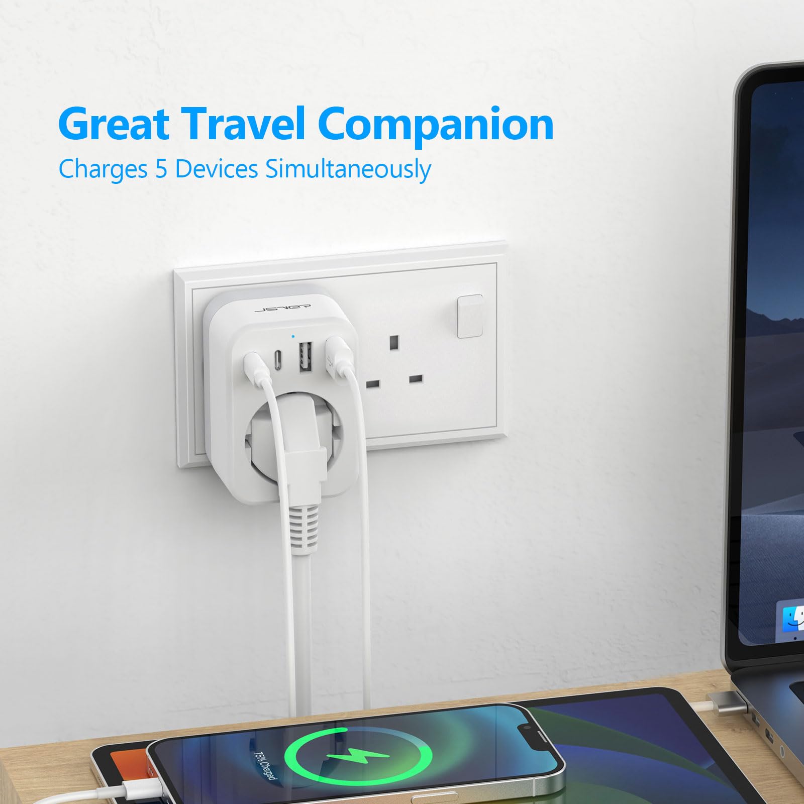 JSVER Adaptateur Prise Anglaise,Adaptateur Voyage France/Europe vers UK,Connecteur Prise avec 2 USB A et 2 Type C,Type G pour l'Angleterre,l'Irlande,Dubaï,Les Maldives et Hong Kong (Blanc)