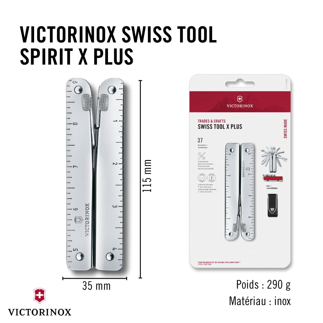 Victorinox Swiss Tool X Plus Couteau de Poche Suisse, Couteau Multifonction, 37 Fonctions, Tire Bouchon, Lame Fixe, Etui, Argent