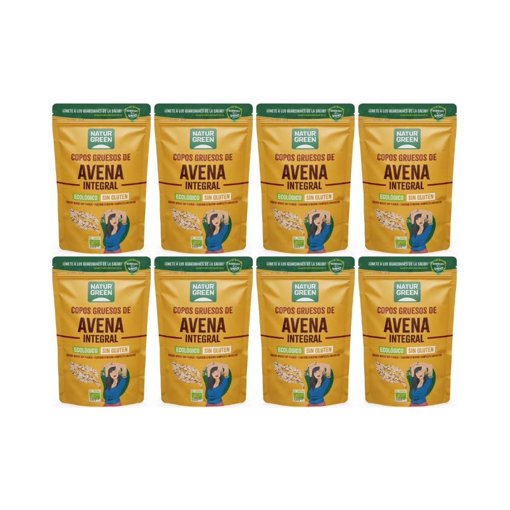 NaturGreen - Copos De Avena Gruesos, Avena Sin Gluten Bio, Integral, Ideal para Desayuno, 100% Ecológico - Pack 8 unidades de 1 Kg