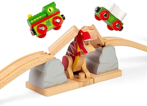 Bigjigs Rail T-Rex Bursting Bridge | Kids Dinosaur Themed Wooden Train Track Accessories | Lifting Bridges with Toy Dinosaurs | Montessori Educational Toys | Railway Gift for 3+ Year Old Toddlers