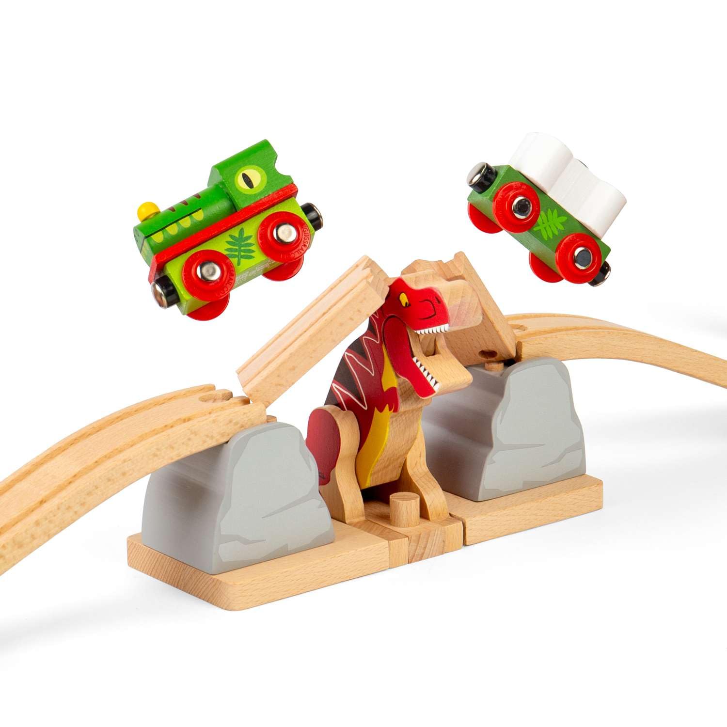 Bigjigs Rail T-Rex Bursting Bridge | Kids Dinosaur Themed Wooden Train Track Accessories | Lifting Bridges with Toy Dinosaurs | Montessori Educational Toys | Railway Gift for 3+ Year Old Toddlers