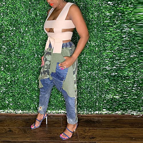 Women High Waisted Boyfriend Jeans Camo Patchwork Denim Joggers Straight Leg Cargo Pants with Pockets3