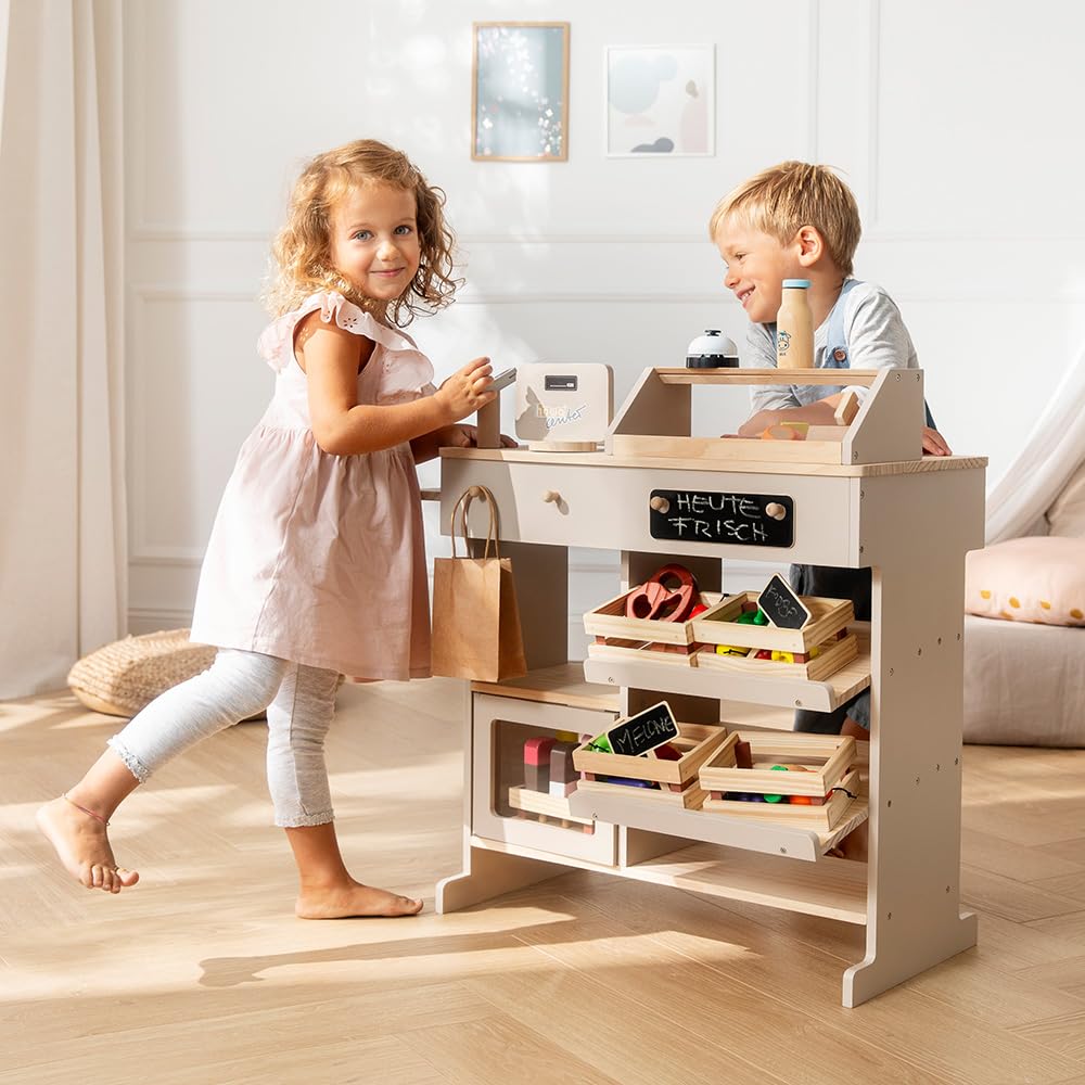 howa Kaufladen 47551 - Negozio di mercanti in legno, con cassetta e lettore di carte giocattolo, lavagna per gesso, vetrina, campanello, giocattolo in legno naturale/beige