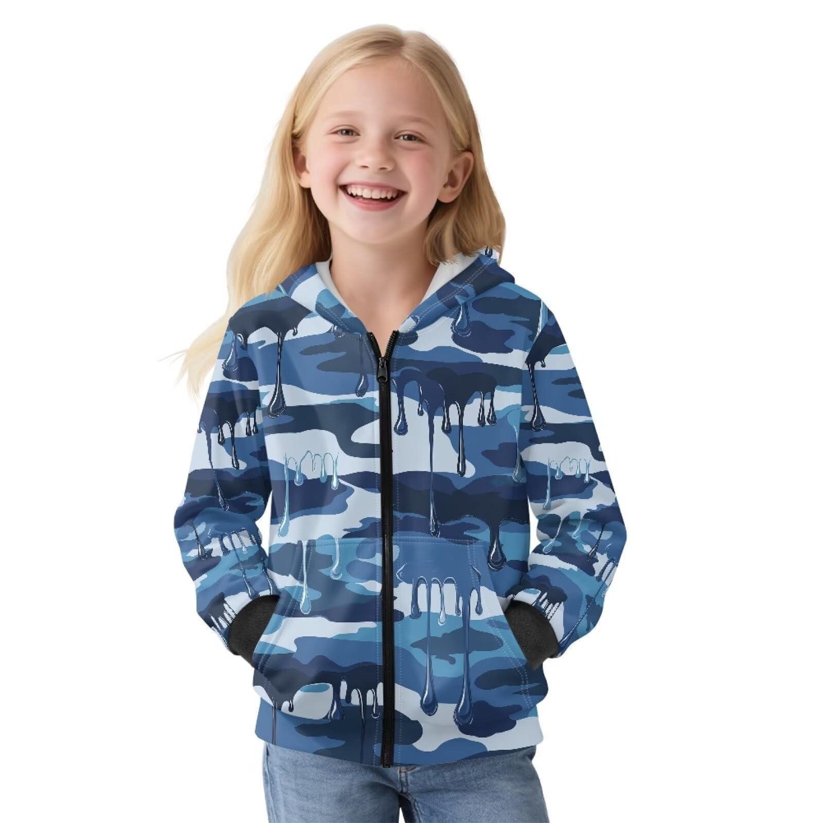 Xoenoiee Dziecięce bluzy z kapturem dla chłopców, zapinana na zamek, bluza 3D, fajna grafika zwierzęca, sweter z długim rękawem, top na jesień i zimę, Niebieski kamuflaż, 12-14 Years