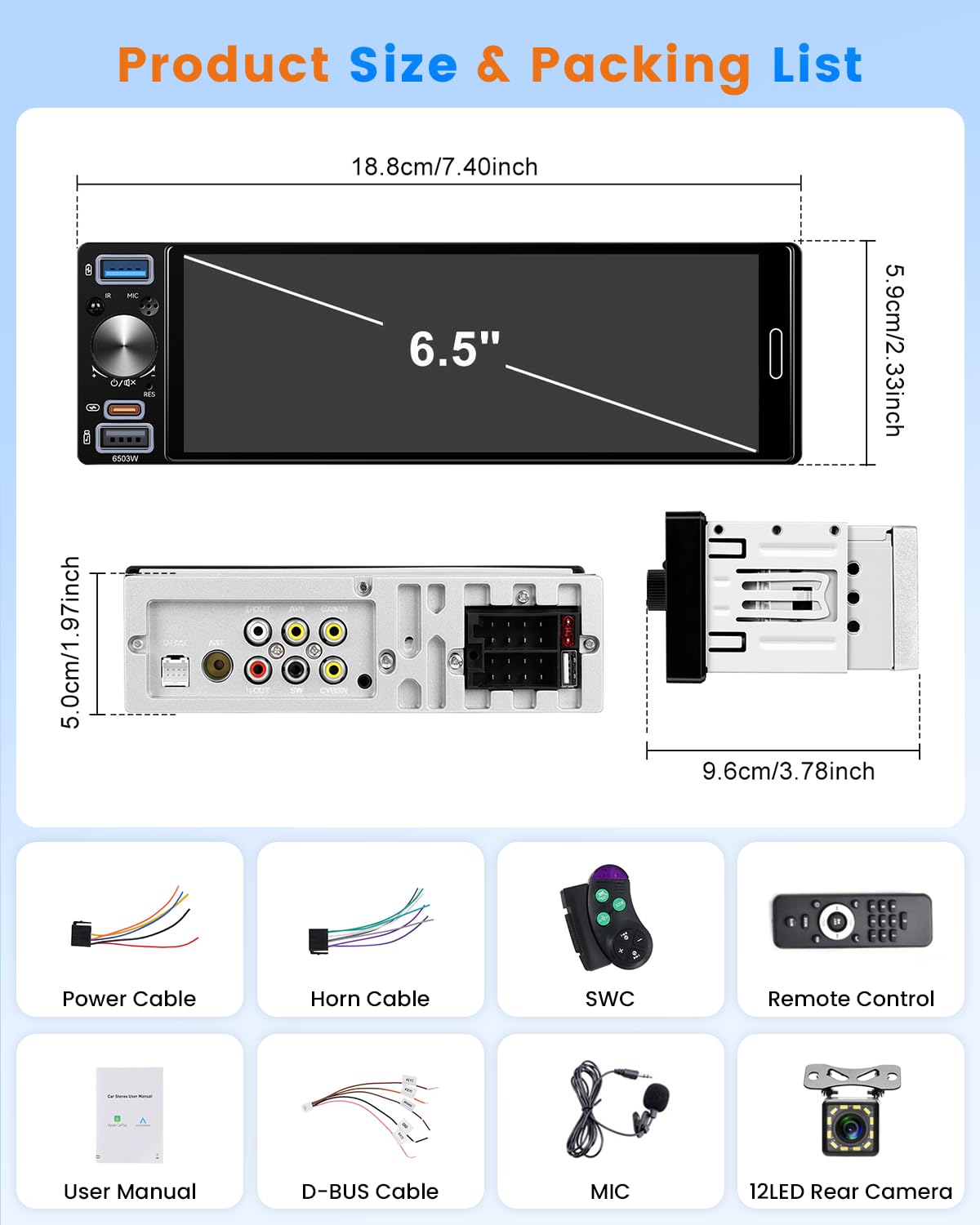 Hikity Android Autoradio 1 DIN Stereo Bluetooth Compatible avec Wireless CarPlay Android Auto, 6,5 Incell Pouces Écran Tactile Lecteur Radio RDS FM AM Recharge Rapide Microphone Caméra pour Voiture