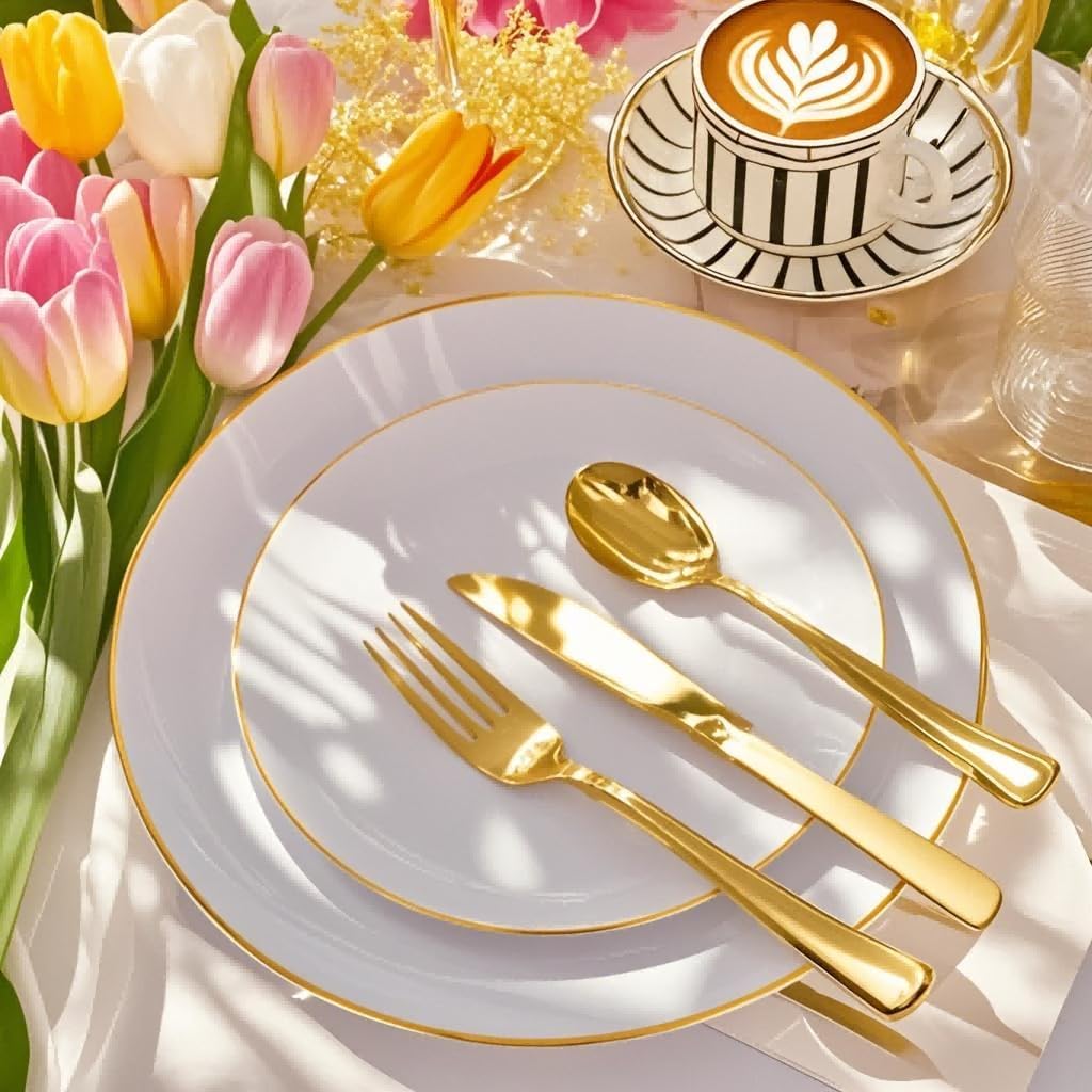Festiva 350Pcs Gold Plastic Plates - White and Gold Dinnerware Set Disposable include 10" & 7" Plates,Cups,Silverware,Napkins -serve 50 Guests Perfect for Wedding& Easter&Birthday Party - Image 6