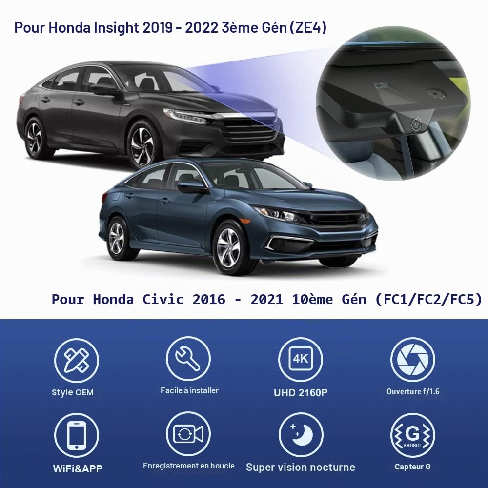 Fitcamx Dashcam Compatible avec Honda Civic 2016-2021 Sport LX EX Touring Si & Insight 2019-2022 (HD2-0323), Caméra de Voiture 4K OEM WiFi 2160P, G-Senseur, Enregistrement en Boucle, WDR, Carte 64 Go