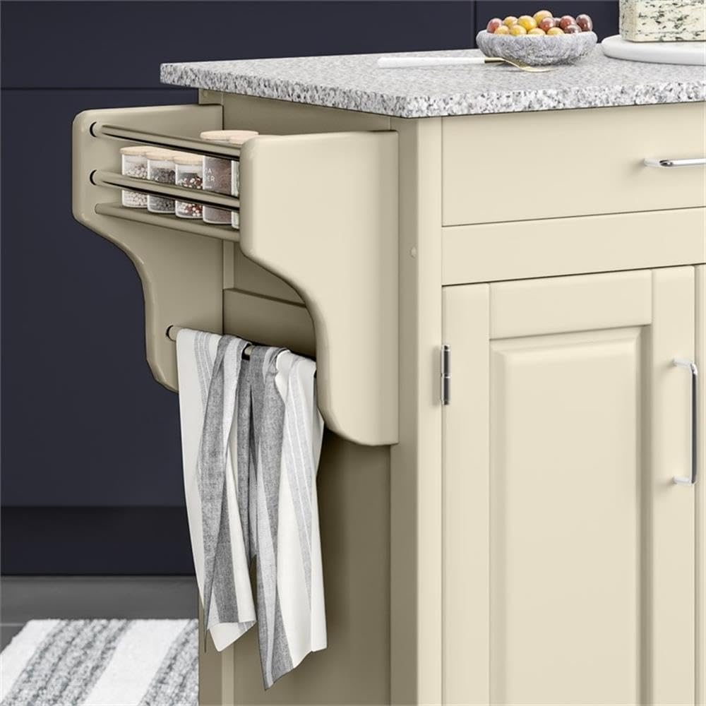 Pemberly Row Wood Mobile Kitchen Cart, Gray Granite Top, Off White/Gray Finish, Sustainable Hardwood, 4 Doors, 2 Drawers, Casters, Spice Rack, Towel Bar, Durable Prep Space, Home Kitchen Storage