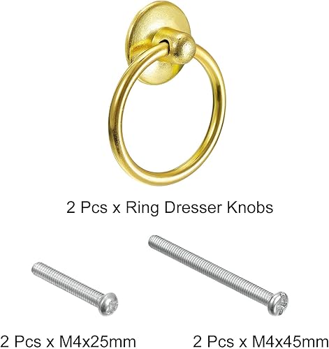 Miniatura 3 de uxcell 2 tiradores redondos de anillo, pomos de tocador dorados para cajones, con un solo agujero para armario, armario