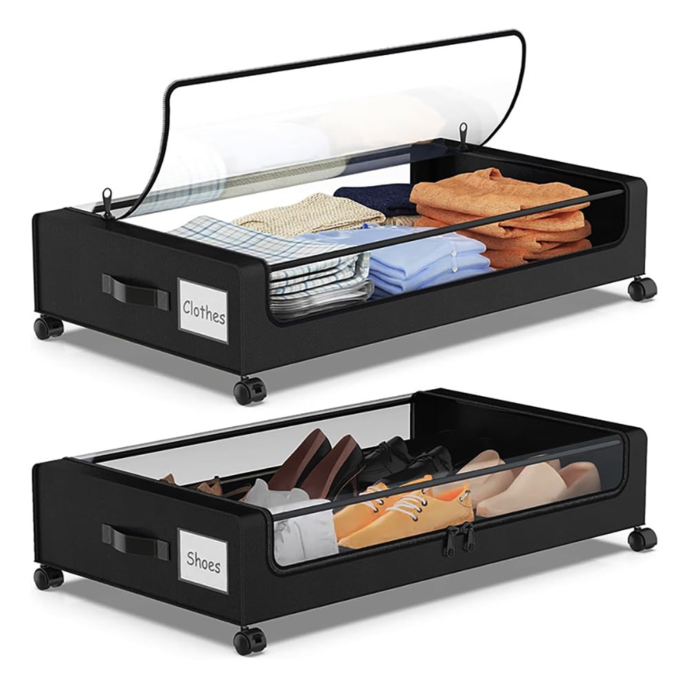 NEWFUN 2PCS Organizador Ropa, Cajas de Almacenamiento Debajo de la Cama de 40 Llitros, Adecuadas para Guardar Ropa, Zapatos, Mantas y Ropa de Cama, Color Gris (black)
