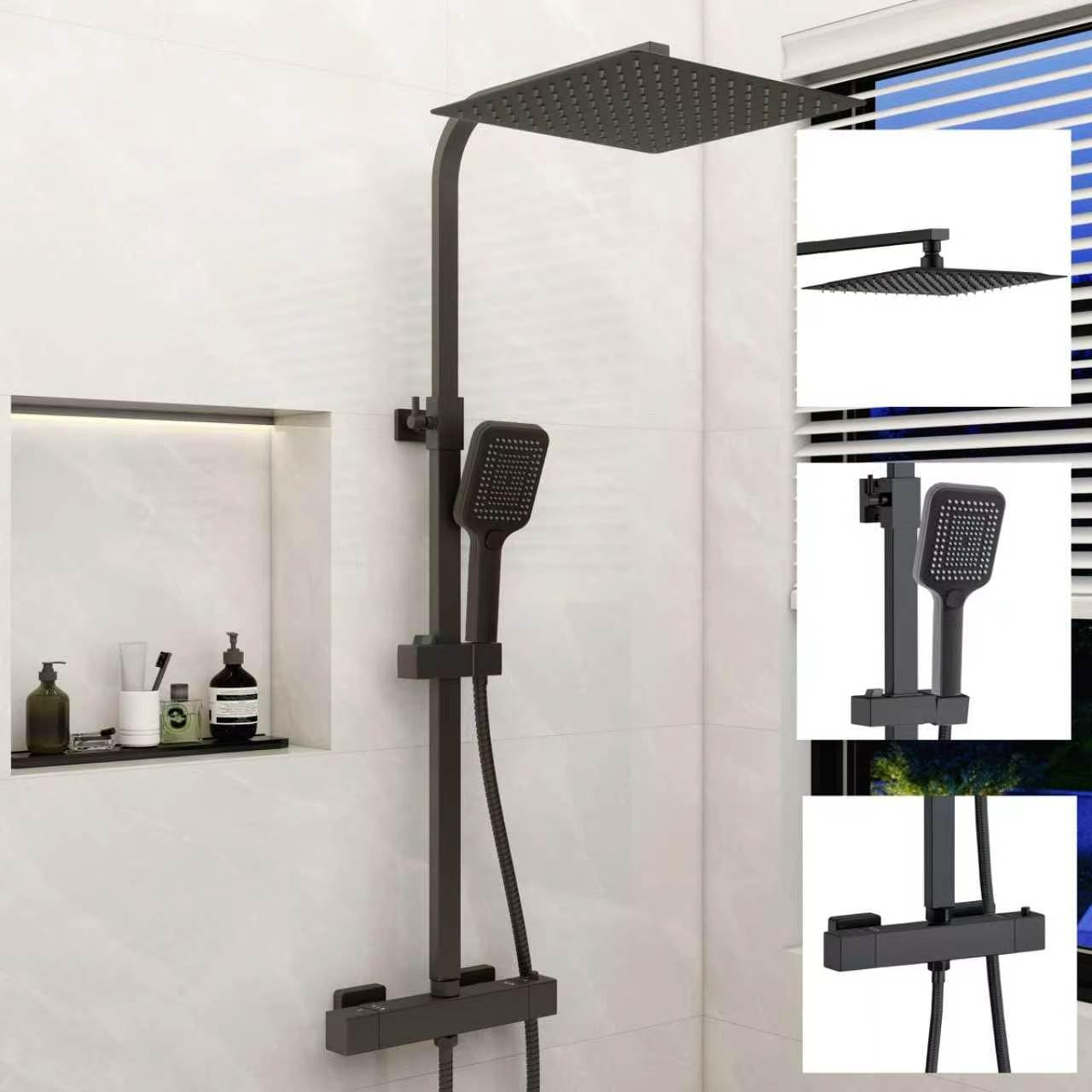 Aica Columna de Ducha Alcachofa Cuadrada con Termostato 30x30cm Rociador Superior Negro Mate Barra Regulable