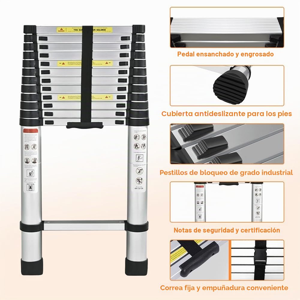 Escalera telescópica y Plegable de Metal, Carga máxima 150 kg (3,79 m)