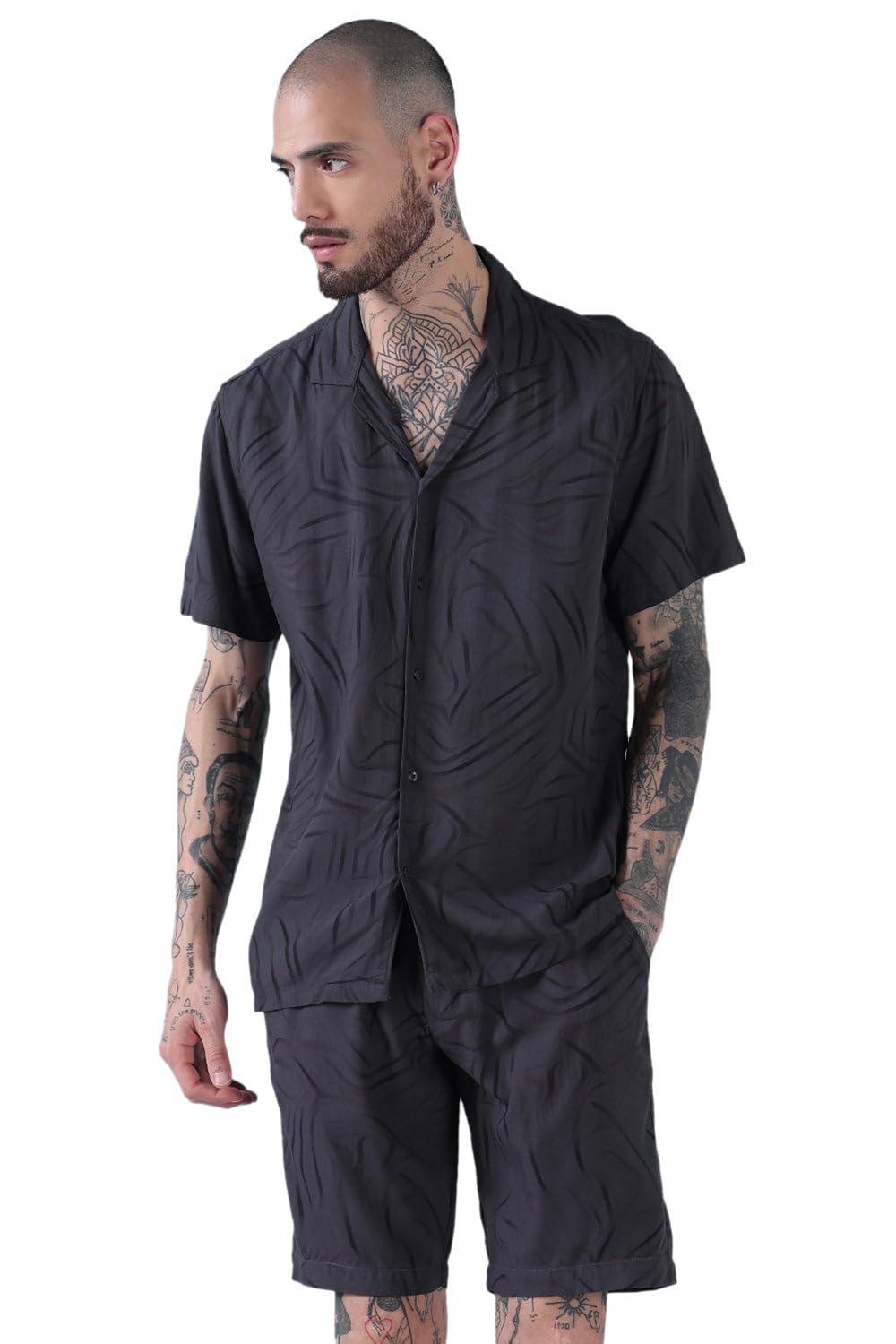 showoffff Edition Men's Grey Abstract Print Cuban Collar Relaxed Fit Co Ords Set-Kinsey-3337_Grey-picture-29
