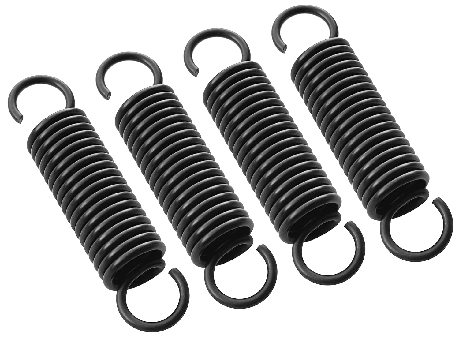 4 x stalowe sprężyny przedłużające 80 mm. Średnica sprężyny 18 mm. Grubość drutu 2,5 mm. 4 Czarne sprężyny z podwójnym hakiem. Silne i rozciągliwe napinacze