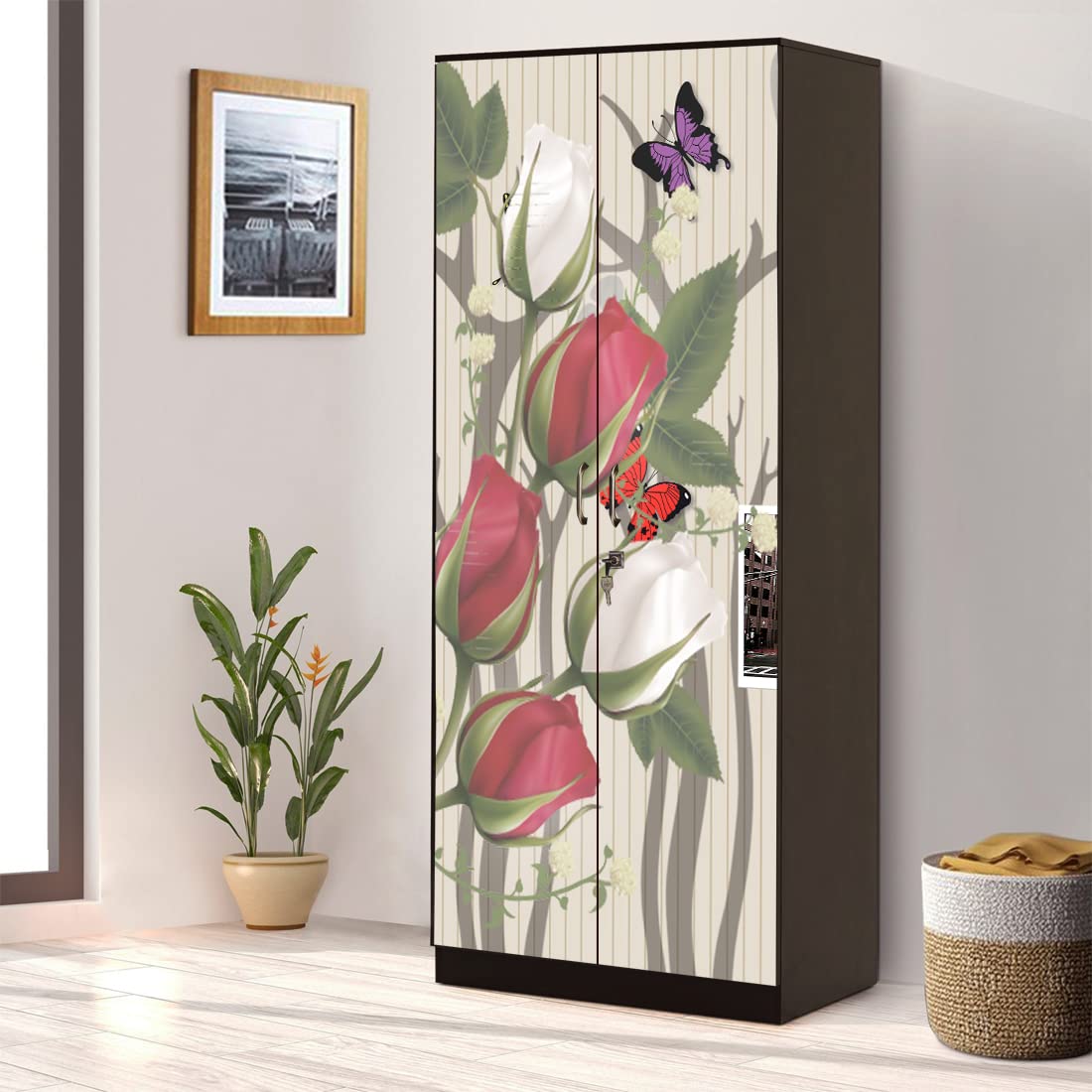 Bnezz Self Adhesive Almirah Stickers Extra Large Size (99x219) Cm Wall Stickers for Wardrobe Stickers for Bedroom | Wallpaper for Walls & Door Sticker | Almera Sticker (DayRoseFlyAlmira)