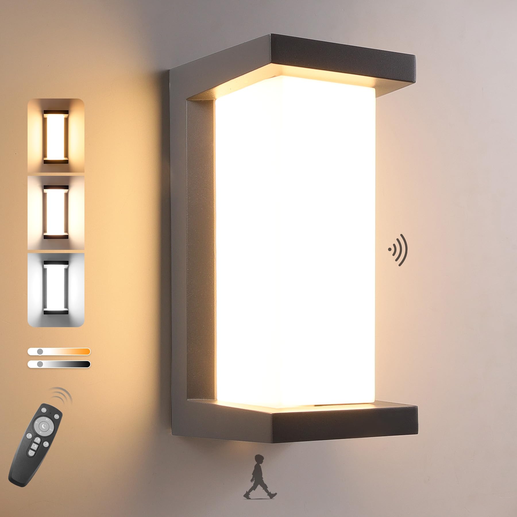 18W Aussenlampe mit Bewegungsmelder IP65 LED Wandleuchte Außen mit Fernbedienung, Dimmbar 3000K-6500K, Außenwandleuchte Aluminium Außenlampe für Garten Terrasse, Anthrazit