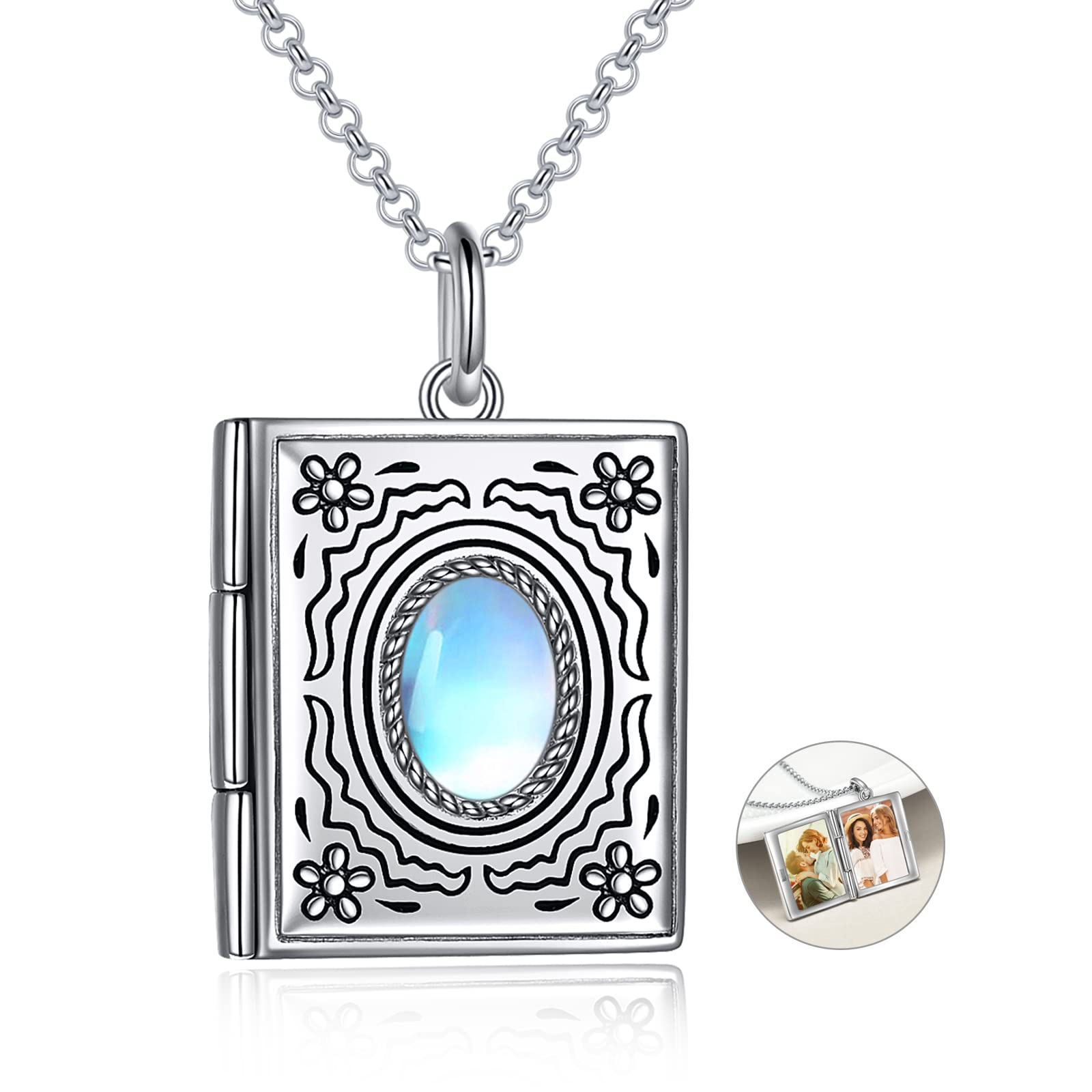 Photo Locket Necklace 925 Sterling Silver Book Necklace that Holds Pictures Birthday Gifts for Women Mom