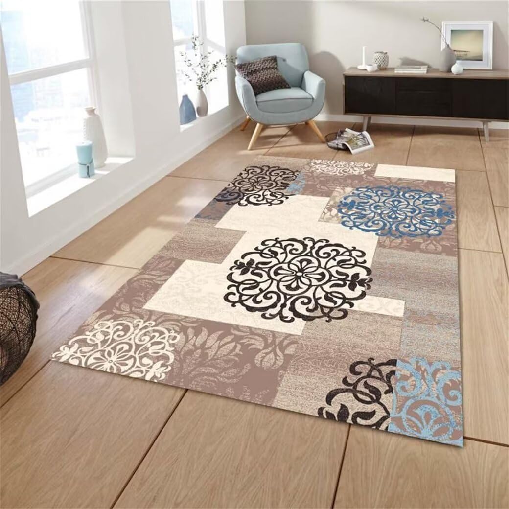 Tapis antidérapant doux 180x230cm bleu à motif damier géométrique pour éviter les glissades