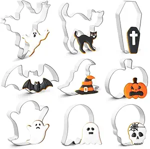 Halloween Cookie Cutters Set,9 Piece Stainless Steel Metal Halloween Cookie Cutters Shapes - Pumpkin, Ghosts, Bat, Black Cat, Witch's Hat, Skull, Coffin, 1, Silver