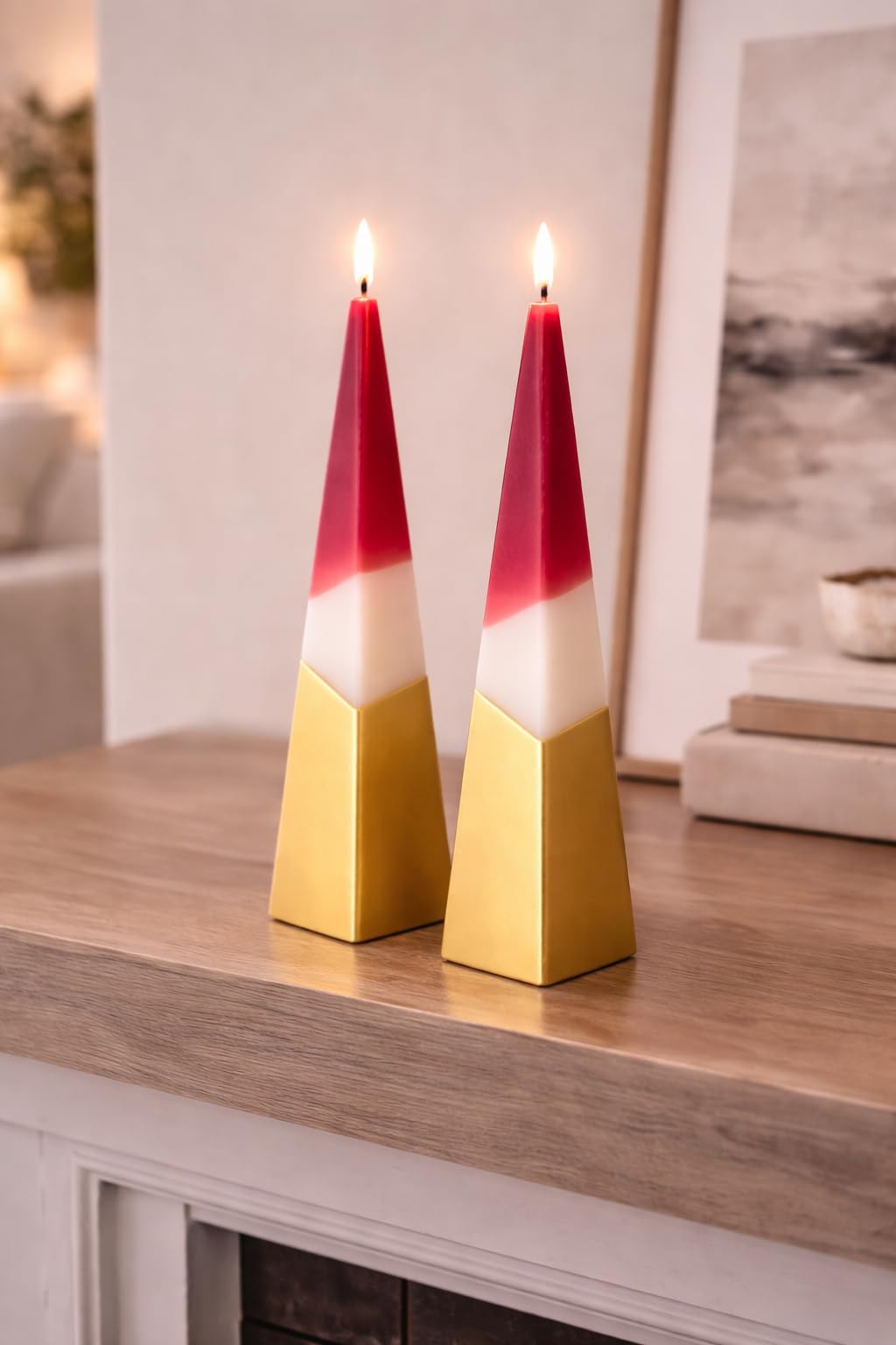 Marco Paul Interiors Pyramid Candle Marco Paul 2Pcs Golden Red Pyramid Tapered Candles - Unscented Taper Dinner Candles Long Burning - 33Cm Tall Survival Taper Candle Sticks For Birthday Wedding - Table Decorations Candlesticks