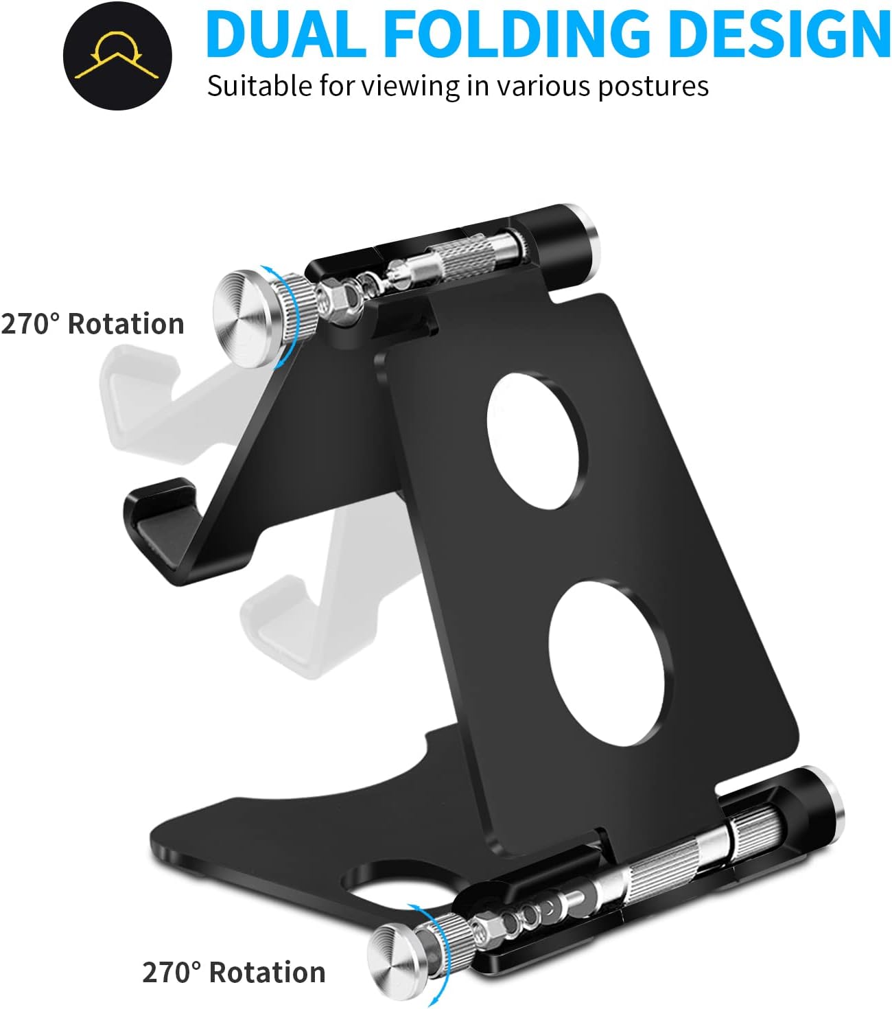 Adjustable Cell Phone Stand for Desk - Fully Foldable Aluminum Desktop Phone Holder Cradle Dock, Compatible with All Mobile Phones, iPhone, iPad, Switch, Samsung Galaxy, Tablet (4-10") - Black