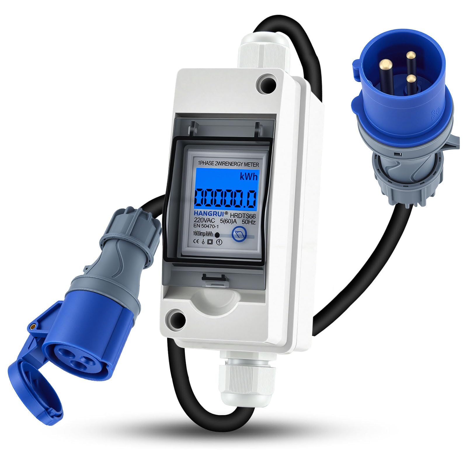 Contador de energía Digital móvil con conexión CEE 230V 16A, Contador kWh Impermeable IP67 con Pantalla LCD, Memoria Anti-Corte y reinicio, para Coches eléctricos, autocaravanas, Obras