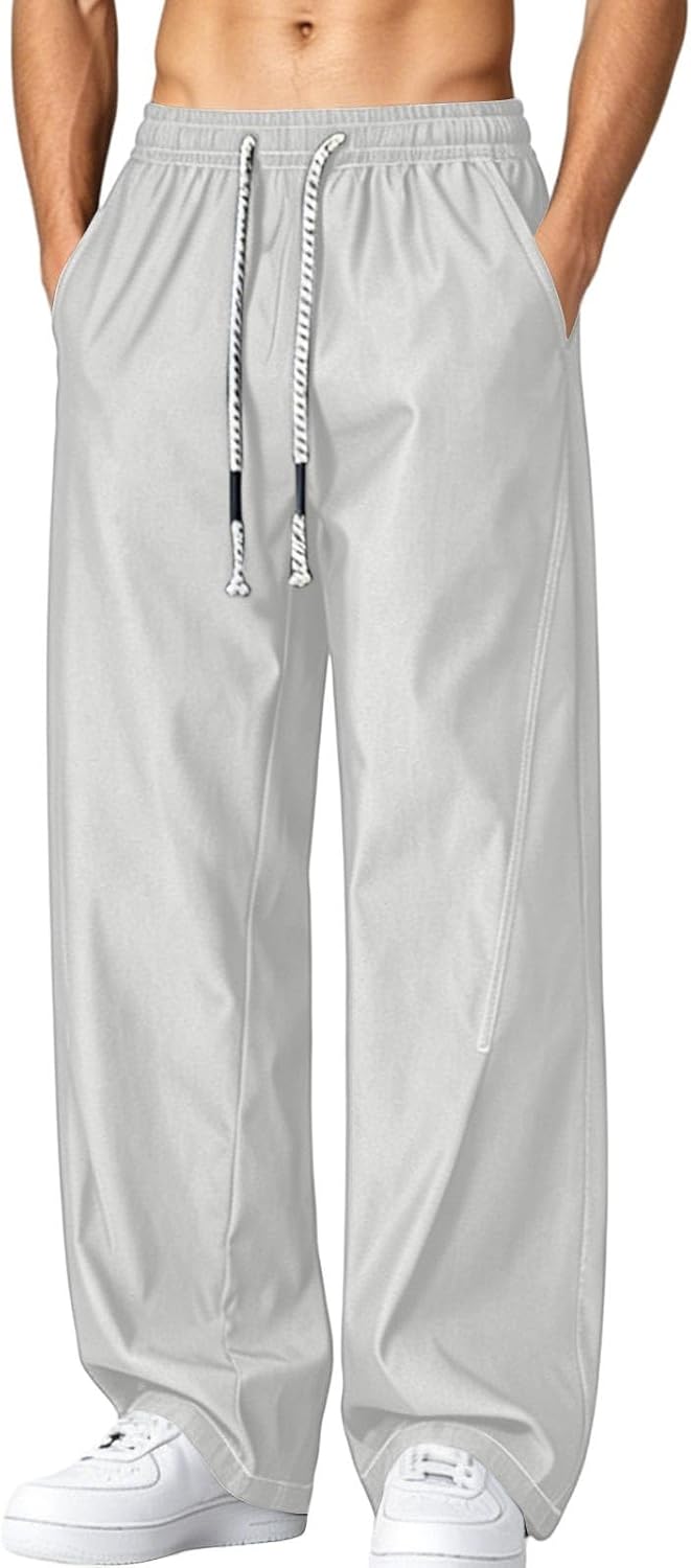 Men's Wide Leg Track Pants Drawstring Elastic Waist Trousers