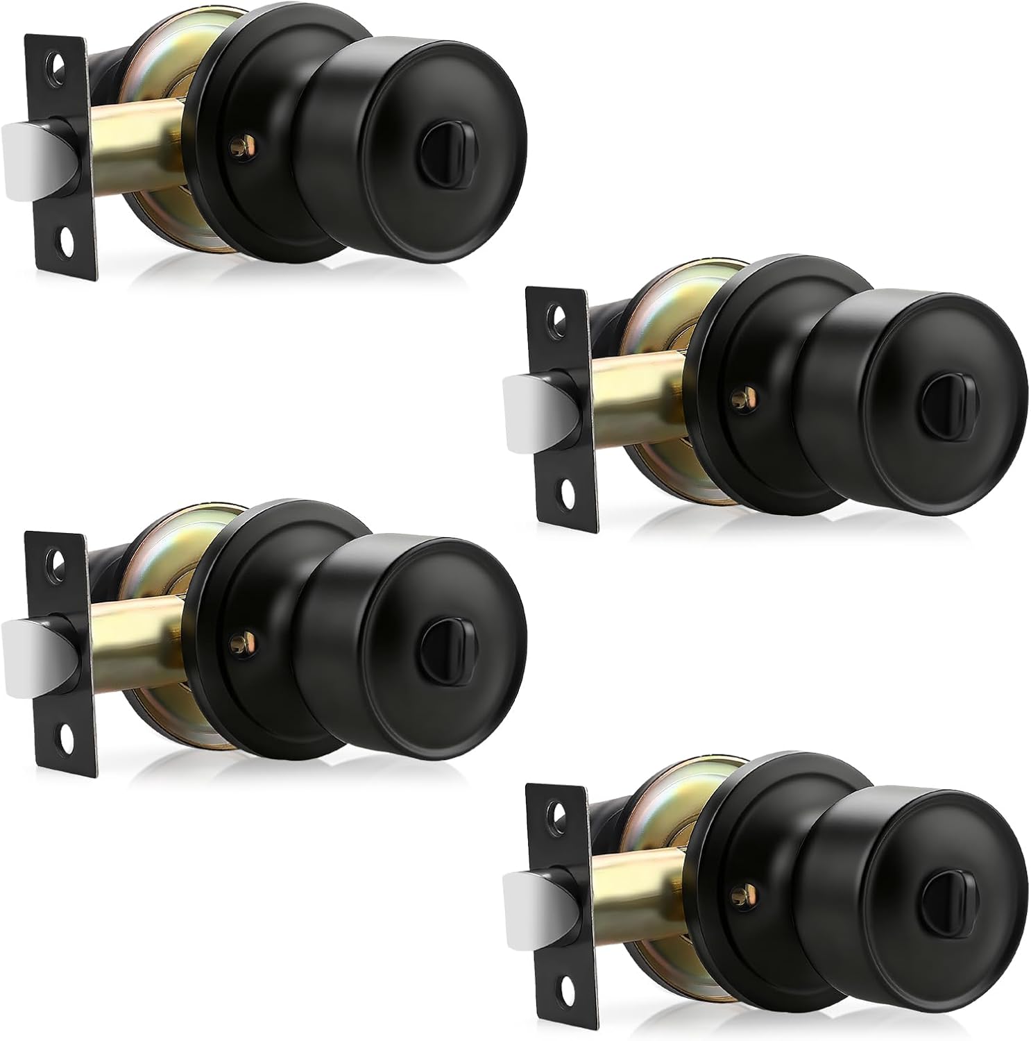 Tulip Privacy Door Knob with Lock, Modern Cylindrical Keyless Door Knob for Bedroom and Bathroom, Quiet & Easy Install for Standard Doors, Matte Black, 4 Pack